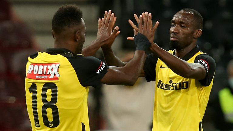 Jean-Pierre Nsame and Nicolas Moumi Ngamaleu celebrate for Young Boys