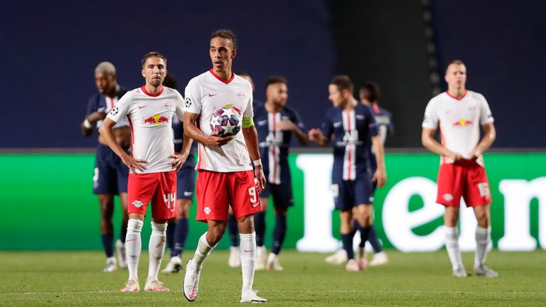 Yussuf Poulsen reacts to PSG&#39;s third goal with RB Leipzig staring at a loss