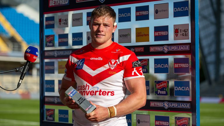 Picture by Alex Whitehead/SWpix.com - 02/08/2020 - Rugby League - Betfred Super League - St Helens v Catalans Dragons - Emerald Headingley Stadium, Leeds, England - St Helens' Morgan Knowles wins the man of the match award.