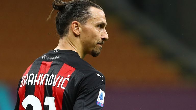 Zlatan Ibrahimovic of AC Milan looks on during the Serie A match between AC Milan and Cagliari Calcio at Stadio Giuseppe Meazza on August 01, 2020 in Milan, Italy. 