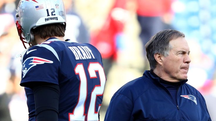 FOXBOROUGH, MA - JANUARY 21:  Tom Brady #12 of the New England Patriots and head coach Bill Belichick look on during warm ups before the AFC Championship Game against the Jacksonville Jaguars at Gillette Stadium on January 21, 2018 in Foxborough, Massachusetts.  (Photo by Maddie Meyer/Getty Images)