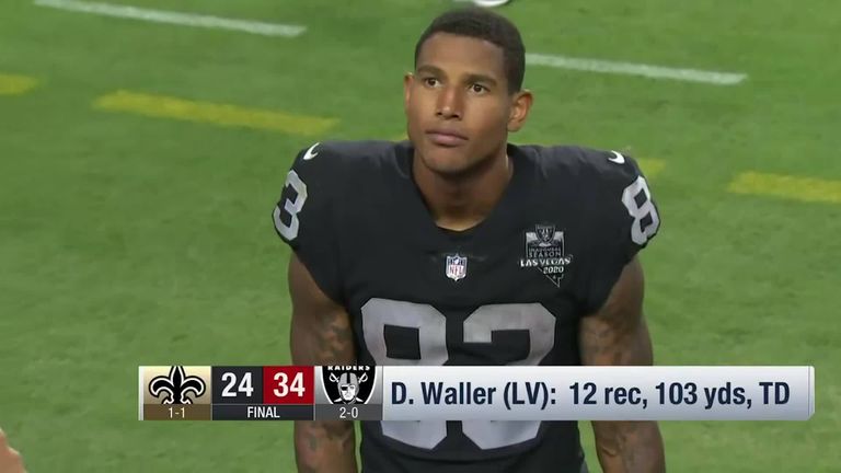 Darren Waller of the Las Vegas Raiders celebrates a touchdown with