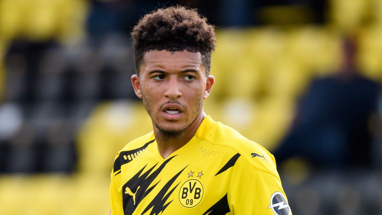 DORTMUND, GERMANY - AUGUST 28: (BILD ZEITUNG OUT) Jadon Sancho of Borussia Dortmund looks on during the pre-season friendly match between Borussia Dortmund and SC Paderborn on August 28, 2020 in Dortmund, Germany. (Photo by Alex Gottschalk/DeFodi Images via Getty Images)