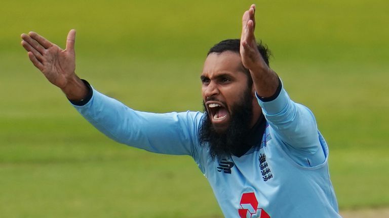 England's Adil Rashid appeals for the wicket by LBW of Australia's Marnus Labuschagne (unseen) during the one-day international (ODI) cricket match between England and Australia at Old Trafford in Manchester on September 11, 2020. 