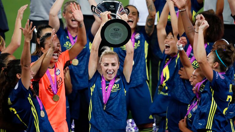 Alex Greenwood of Olympique Lyon celebrates with the UEFA Women's Champions League Trophy following her team's victory in the UEFA Women's Champions League Final between VfL Wolfsburg Women's and Olympique Lyonnais at Estadio Anoeta on August 30, 2020 in San Sebastian, Spain. 