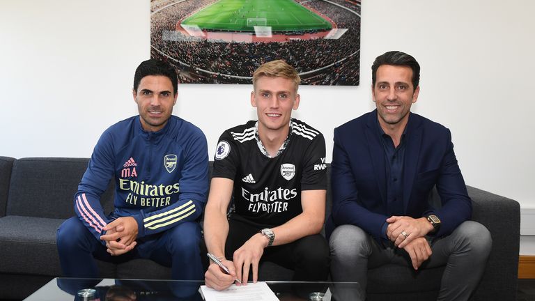 New Arsenal signing Alex Runarsson with first-team manager Mikel Arteta and technical director Edu
