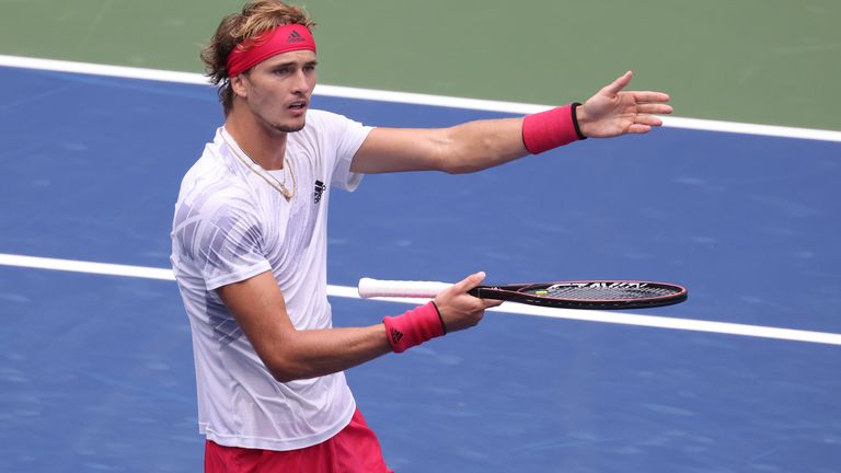 Alexander Zverev of Germany argues a point during his Men's Singles second round match against Brandon Nakashima of the United States on Day Three of the 2020 US Open at the USTA Billie Jean King National Tennis Center on September 2, 2020 in the Queens borough of New York City.