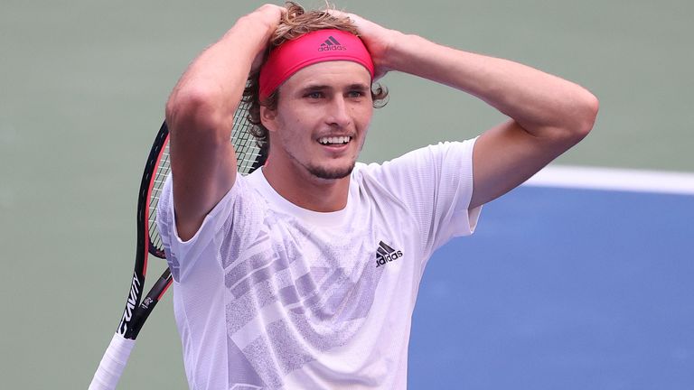 Alexander Zverev of Germany reacts during his Men's Singles quarterfinal match against Borna Coric of Croatia on Day Nine of the 2020 US Open at the USTA Billie Jean King National Tennis Center on September 8, 2020 in the Queens borough of New York City