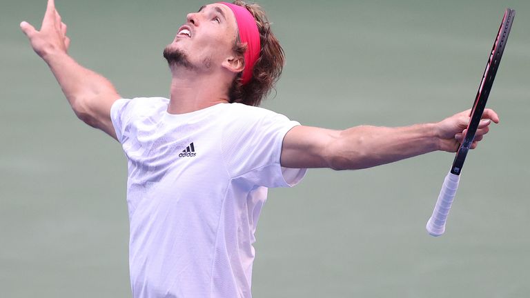 Alexander Zverev of Germany reacts during his Men's Singles quarterfinal match against Borna Coric of Croatia on Day Nine of the 2020 US Open at the USTA Billie Jean King National Tennis Center on September 8, 2020 in the Queens borough of New York City.
