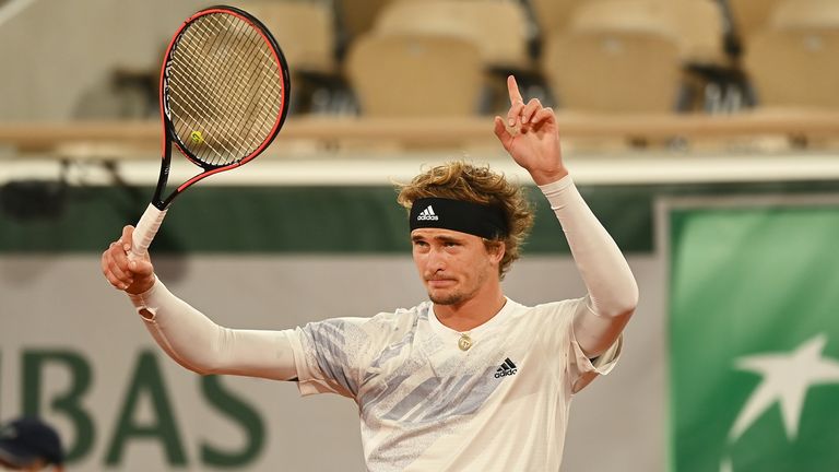 Alexander Zverev of Germany reacts during his Men's Singles first round match against Dennis Novak of Austria during day one of the 2020 French Open at Roland Garros on September 27, 2020 in Paris, France. 