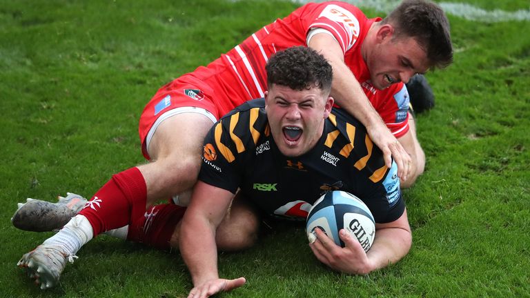 Alfie Barbeary celebrates scoring for Wasps