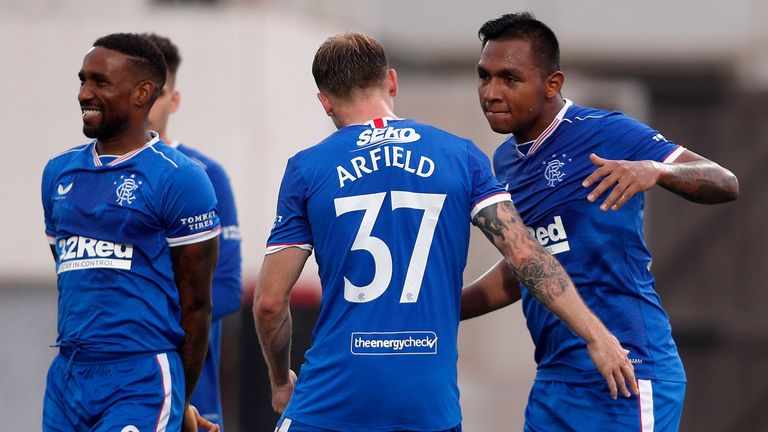 Alfredo Morelos celebrates with Scott Arfield after scoring Rangers' third goal against Lincoln Red Imps 