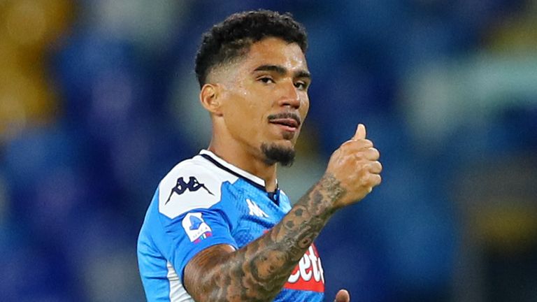 Marques Loureiro Allan of Napoli celebrates after scoring his team&#39;s second goal during the Serie A match between SSC Napoli and US Sassuolo at Stadio San Paolo on July 25, 2020 in Naples, Italy.