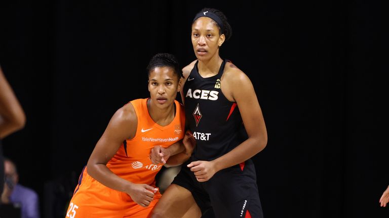 Alyssa Thomas and A&#39;ja Wilson vie for position during Game 2 of the Connecticut Sun&#39;s semi-final series with the Las Vegas Aces