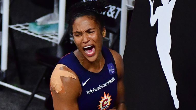 Alyssa Thomas celebrates a basket during the Connecticut Sun's Game 3 victory over the Las Vegas Aces in the WNBA semi-finals