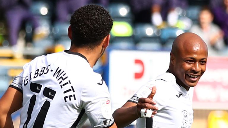 Andre Ayew celebrates after scoring Swansea's first goal in a 2-0 win over Wycombe