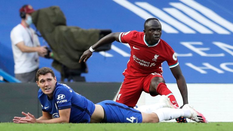 Andreas Christensen looks to Referee Paul Tierney after fouling Sadio Mane