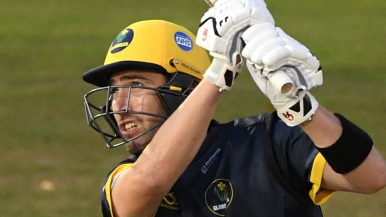 Glamorgan batsman Andrew Balbirnie hits out watched by James Bracey during the T20 Vitality Blast game between Glamorgan and Gloucestershire at Sophia Gardens on September 18, 2020 in Cardiff, Wales