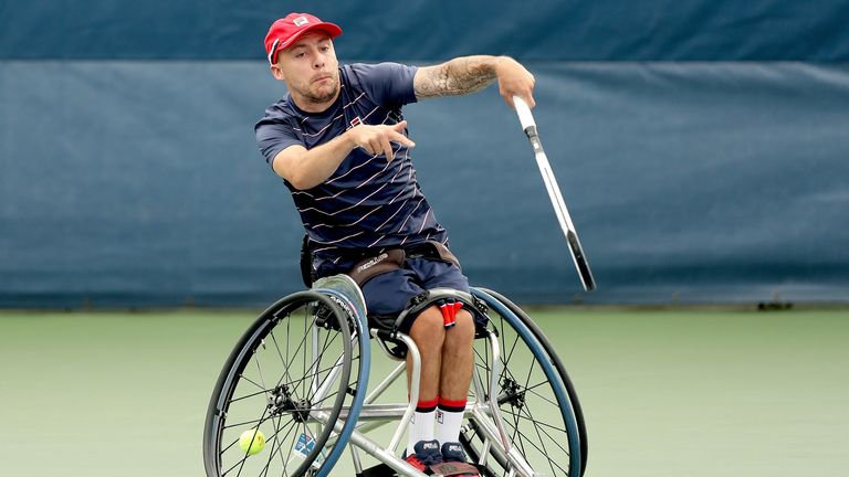 Andy Lapthorne of Great Britain serves during his Wheelchair Quad Singles Round Robin match against David Wagner of the United States on Day Eleven of the 2020 US Open at the USTA Billie Jean King National Tennis Center on September 10, 2020 in the Queens borough of New York City.