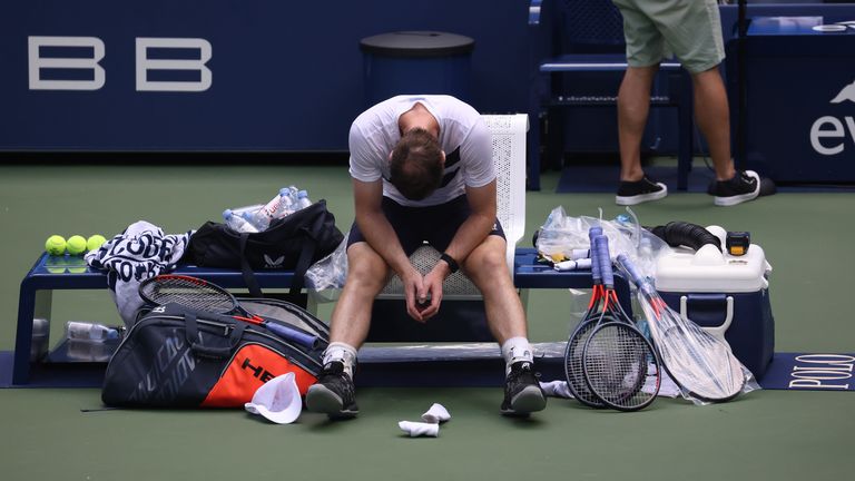 Andy Murray of Great Britain reacts after winning his Men's Singles first round match against Yoshihito Nishioka of Japan on Day Two of the 2020 US Open at the USTA Billie Jean King National Tennis Center on September 1, 2020 in the Queens borough of New York City