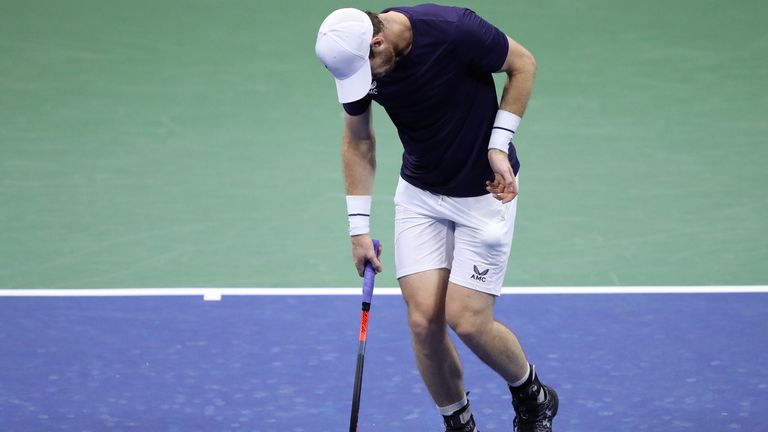 Andy Murray of Great Britain reacts to a lost point during his Men’s Singles second round match against Felix Auger-Aliassime of Canada on Day Four of the 2020 US Open at the USTA Billie Jean King National Tennis Center on September 3, 2020 in the Queens borough of New York City