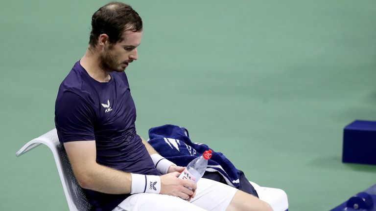 Andy Murray of Great Britain cools down on a changeover during his Men’s Singles second round match against Felix Auger-Aliassime of Canada on Day Four of the 2020 US Open at the USTA Billie Jean King National Tennis Center on September 3, 2020 in the Queens borough of New York City.