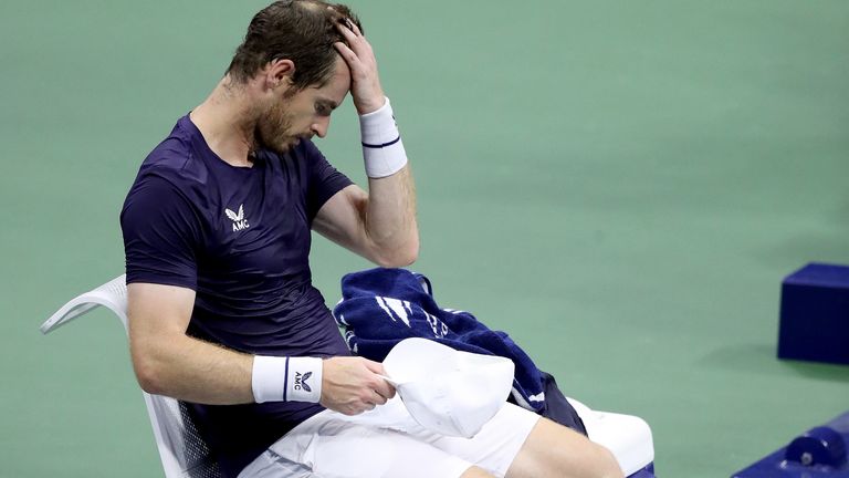 Andy Murray of Great Britain cools down on a changeover during his Men’s Singles second round match against Felix Auger-Aliassime of Canada on Day Four of the 2020 US Open at the USTA Billie Jean King National Tennis Center on September 3, 2020 in the Queens borough of New York City. 