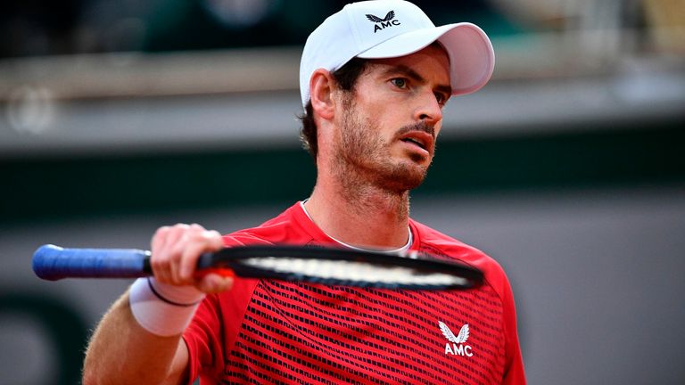 Britain's Andy Murray reacts during the men's singles first round tennis match against Switzerland's Stanislas Wawrinka on Day 1 of The Roland Garros 2020 French Open tennis tournament in Paris on September 27, 2020