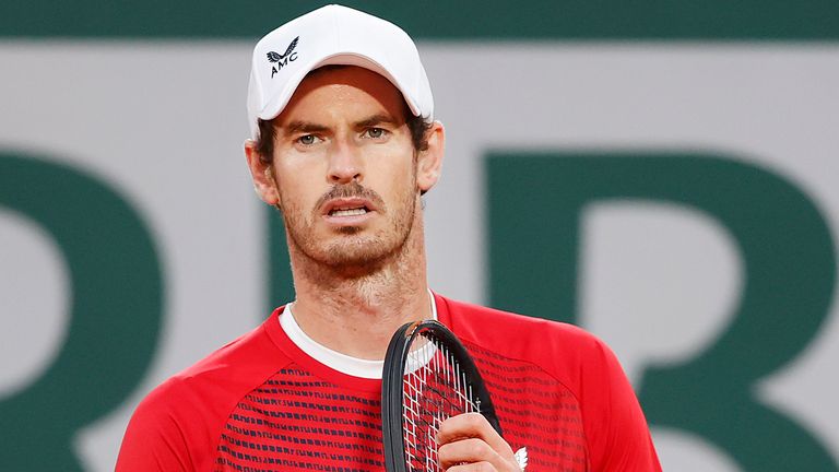 Andy Murray of Great Britain looks on during his Men's Singles first round match against Stan Wawrinka of Switzerland during day one of the 2020 French Open at Roland Garros on September 27, 2020 in Paris, France.