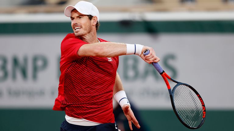 Andy Murray of Great Britain plays a forehand during his Men's Singles first round match against Stan Wawrinka of Switzerland during day one of the 2020 French Open at Roland Garros on September 27, 2020 in Paris, France.