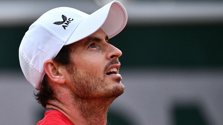 Britain's Andy Murray reacts during the men's singles first round tennis match against Switzerland's Stanislas Wawrinka on Day 1 of The Roland Garros 2020 French Open tennis tournament in Paris on September 27, 2020.