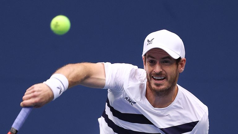 Andy Murray serving during his first round match at the 2020 US Open