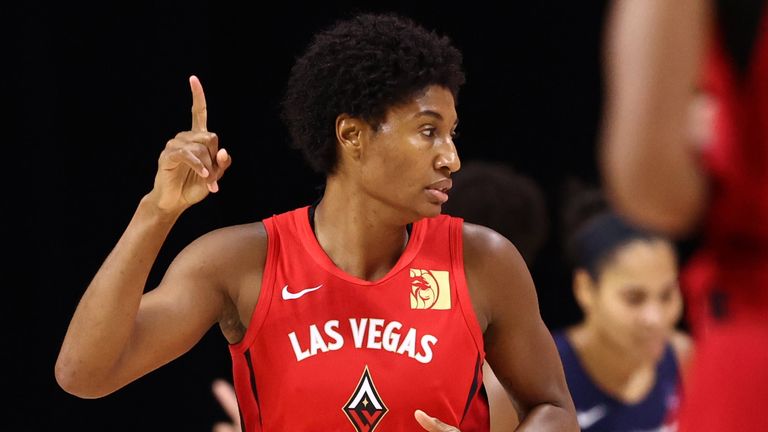 Angel McCoughtry  celebrates a basket during the Aces&#39; Game 4 win over the Lynx
