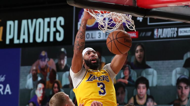 Anthony Davis of the Los Angeles Lakers shoots the ball against the Denver Nuggets during Game One of the Western Conference Finals