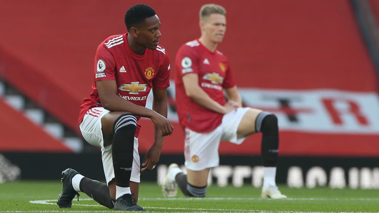 Anthony Martial and Scott McTominay take a knee in support of Black Lives Matter