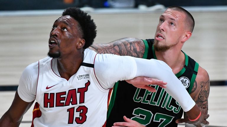 Bam Adebayo boxes out Daniel Theis during the Eastern Conference Finals