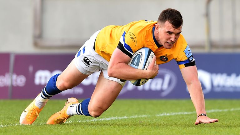 SALFORD, ENGLAND - SEPTEMBER 13: Ben Spencer of Bath scores a try during the Gallagher Premiership Rugby match between Sale Sharks and Bath Rugby at AJ Bell Stadium on September 13, 2020 in Salford, England. (Photo by Nathan Stirk/Getty Images)