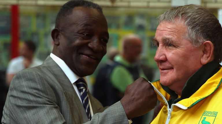  Former Boxer Maurice Hope (l) shares a joke with Repton Head Coach Tony Burns on October 10, 2014 in London, England. (Photo by Bryn Lennon/Getty Images)