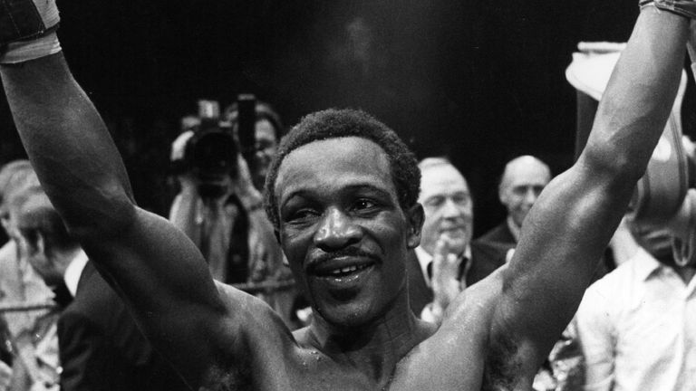 Maurice Hope, the British world light-middleweight champion raises his arms after beating Italian-American Rocky Mattioli at the Wembley Conference centre. (Photo by Keystone/Getty Images)