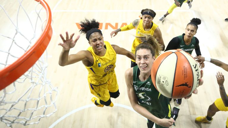 Breanna Stewart of the Seattle Storm shoots the ball against the Los Angeles Sparks