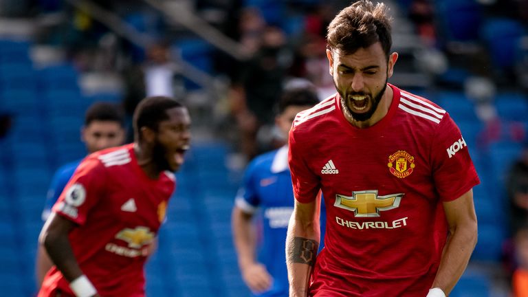 Bruno Fernandes celebrates his late winner at the Amex Stadium