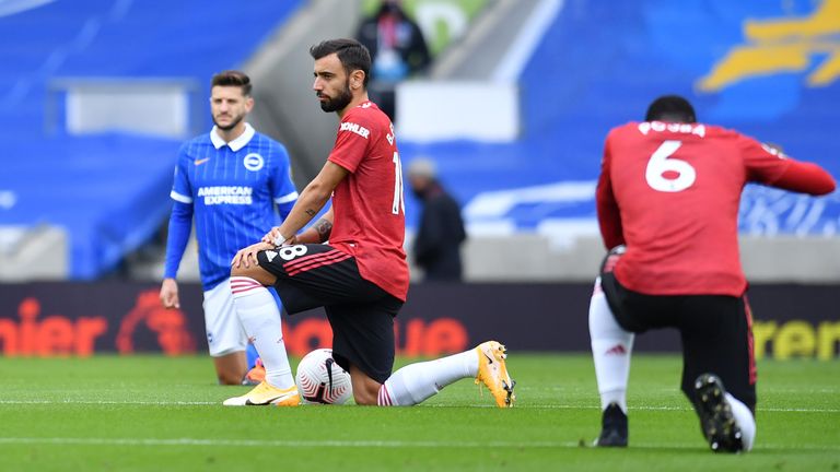 Bruno Fernandes, Paul Pogba and Adam Lallana kneel before kick-off in support of Black Lives Matter
