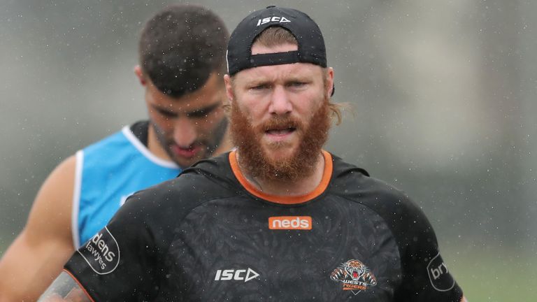 SYDNEY, AUSTRALIA - JULY 28: Chris McQueen looks on during a Wests Tigers NRL training session at St. Luke's Park North on July 28, 2020 in Sydney, Australia. (Photo by Matt King/Getty Images)