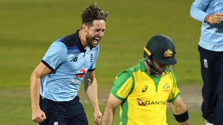 Chris Woakes, England, celebrates the wicket of Australia's Aaron Finch in ODI at Old Trafford