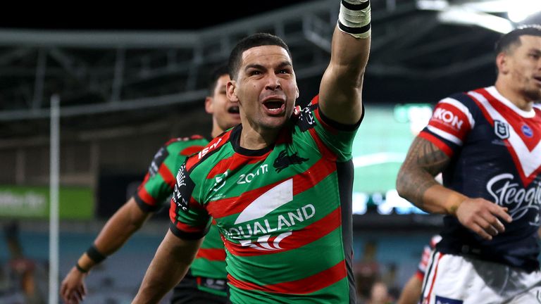 SYDNEY, AUSTRALIA - SEPTEMBER 25: Cody Walker of the Rabbitohs celebrates scoring a try during the round 20 NRL match between the South Sydney Rabbitohs and the Sydney Roosters at ANZ Stadium on September 25, 2020 in Sydney, Australia. (Photo by Cameron Spencer/Getty Images)