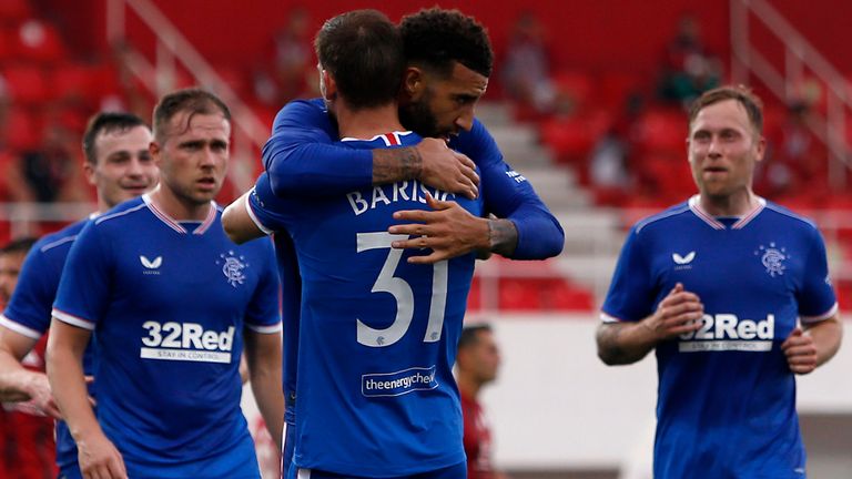 Connor Goldson celebrates scoring Rangers' second against Lincoln Red Imps