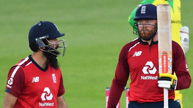 England's Jonny Bairstow acknowledges his half-century in the third T20I against Australia at the Ageas Bowl