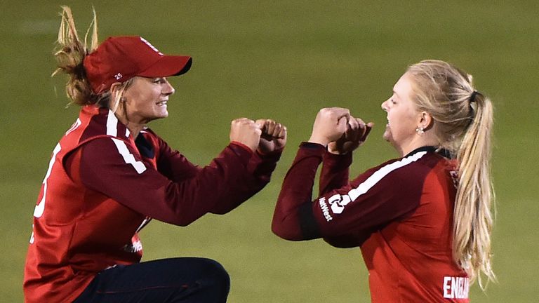 England Women's spinner Sarah Glenn (R) celebrates a wicket with Danni Wyatt