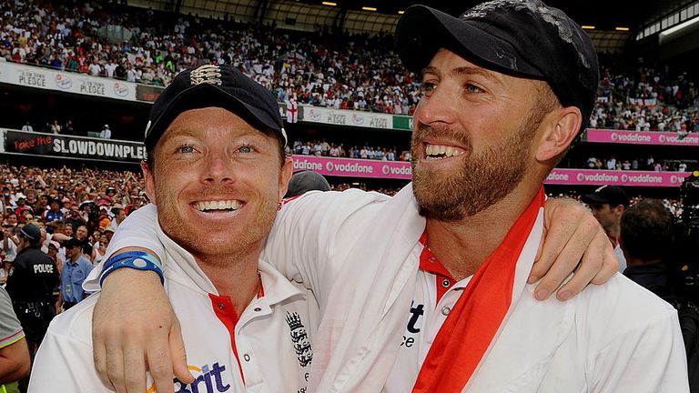 Ian Bell and Matthew Prior celebrate England's Ashes series win in Australia in 2010/11