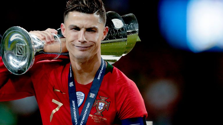 Cristiano Ronaldo gets his hands on the inaugural Nations League trophy